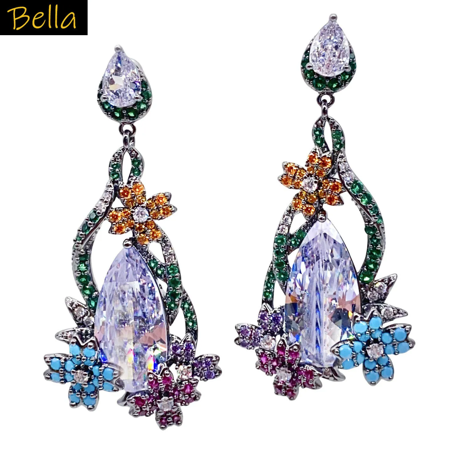 

Luxury Jewelry Flower Earrings for Women Colorful Zirconia Gown Dangling Earrings Dinner Party Gift Female