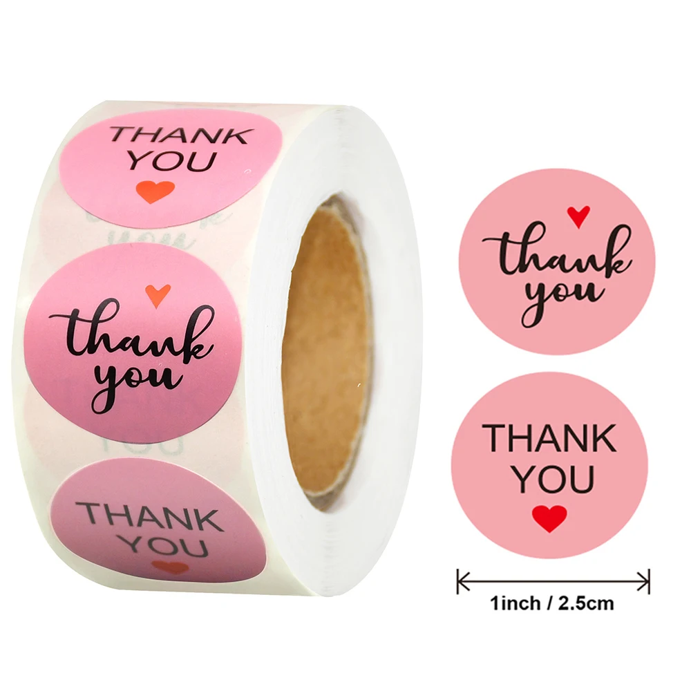 500pcs Pink Thank You With Love Stickers 1inch Round Roll Stickers Handmade Gift Box Decoration Labels Appreciation Tag Wrapped