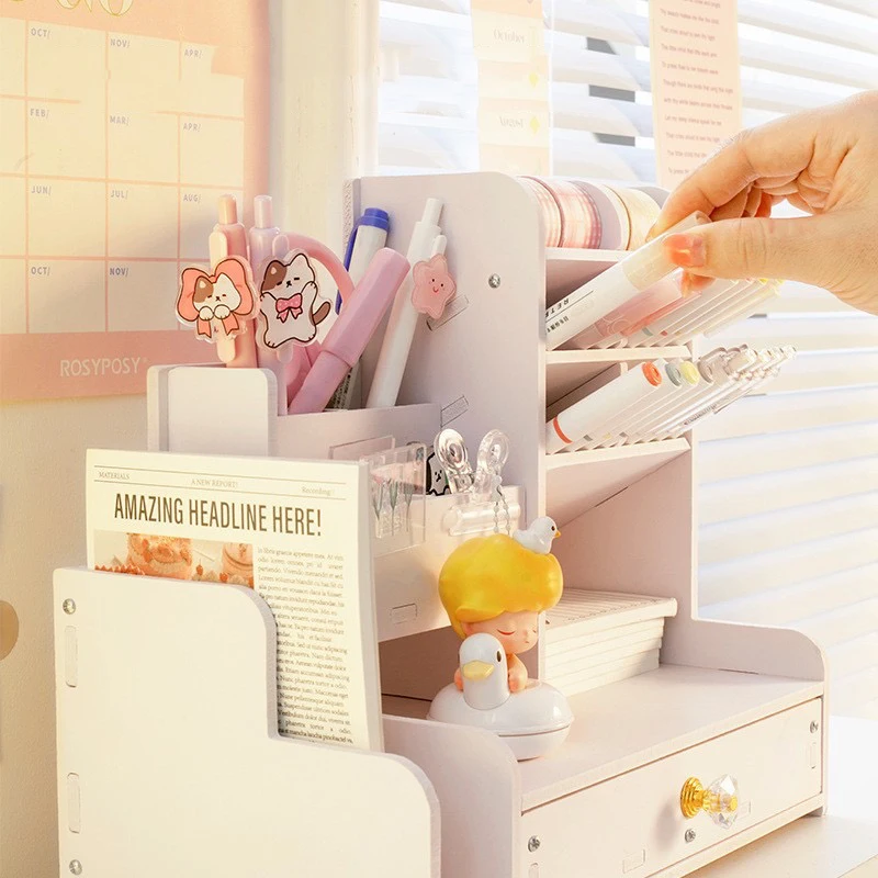 منظم مكتب، منظم مكتب DIY مع درج - حامل أقلام متعدد الوظائف، تخزين مستلزمات فنية مكتبية سهلة التجميع #2
