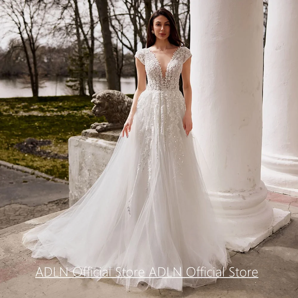 Классическое свадебное платье по индивидуальному заказу с V-образным вырезом и короткими рукавами, расшитое блестками и аппликацией, блестящее тюлевое свадебное платье трапециевидной формы, Vestido De Noiva