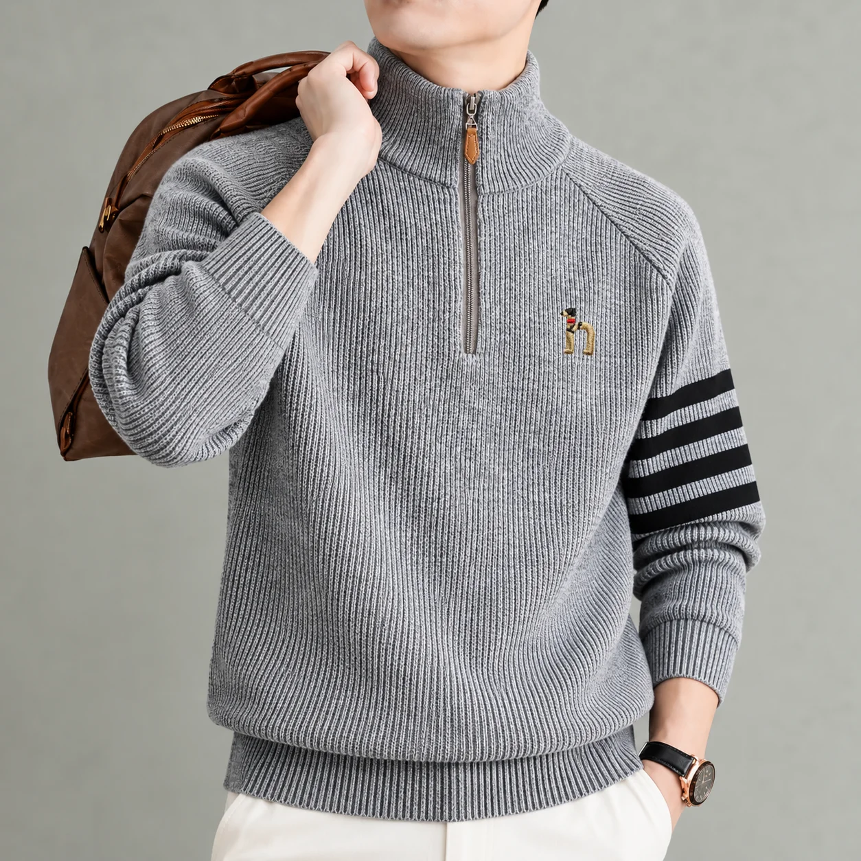High Quality Velvet Sweater Trendy Brand Cartoon Dog Embroidery Men's Mock Neck Winter New Thicken Warm Striped Knitted Pullover