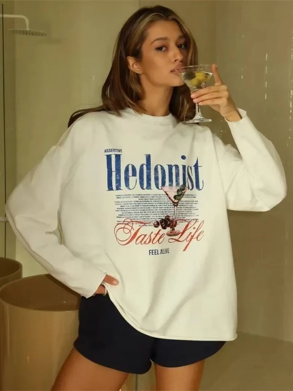 Fashionable Casual Pure Cotton Long Sleeve T-Shirt Women's Oversize Tee Top round Neck Print Design Comfortable Fit