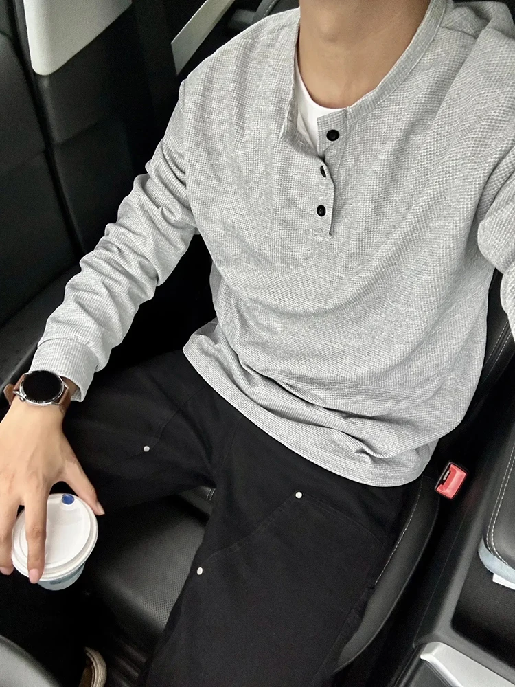 

Американская рубашка с длинным рукавом и вафельным узором, с воротником Хенли, для подростков, базовая рубашка для ношения под одеждой, осенняя мода