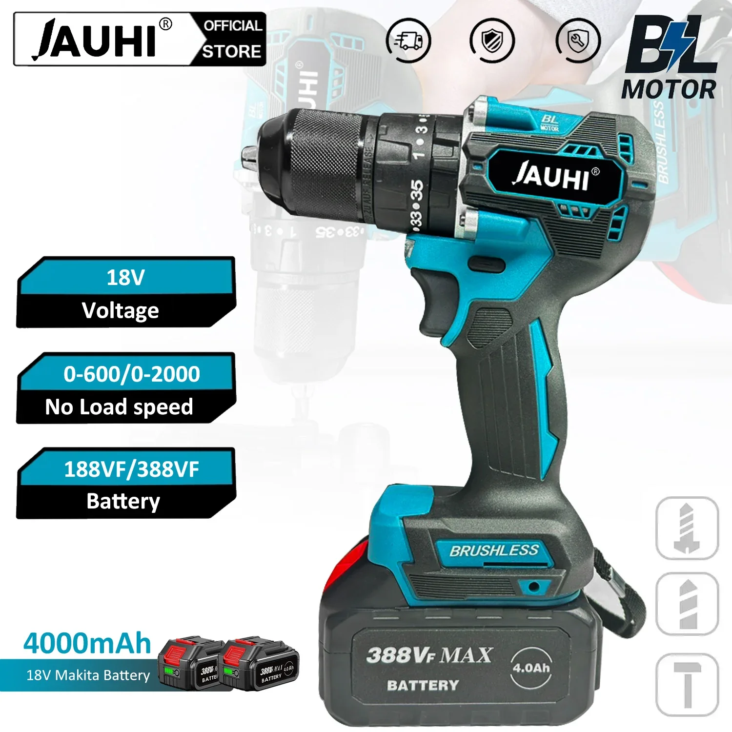 JAUHI 13mm Electric Screwdriver Brushless High-Power Impact Drill Dual Speed 35+3 Torque Power Tool for Makita 18V Battery