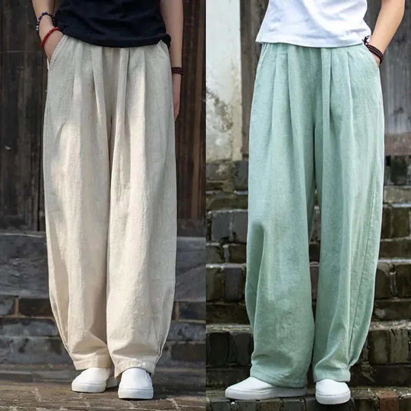 

Women Summer Cotton Linen Wide Leg Pants Loose Casual Trousers Literary Retro Straight Leg Pants Summer Long Pantalon