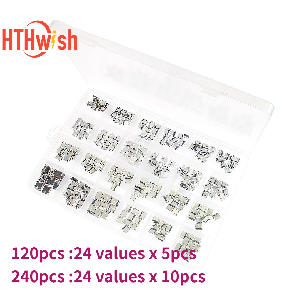 

120/240PCS Micro USB Connector Set 24 Kinds Jack USB Connectors Set Charging Port For MP3 Huawei Samsung SMD DIP Socket Kit