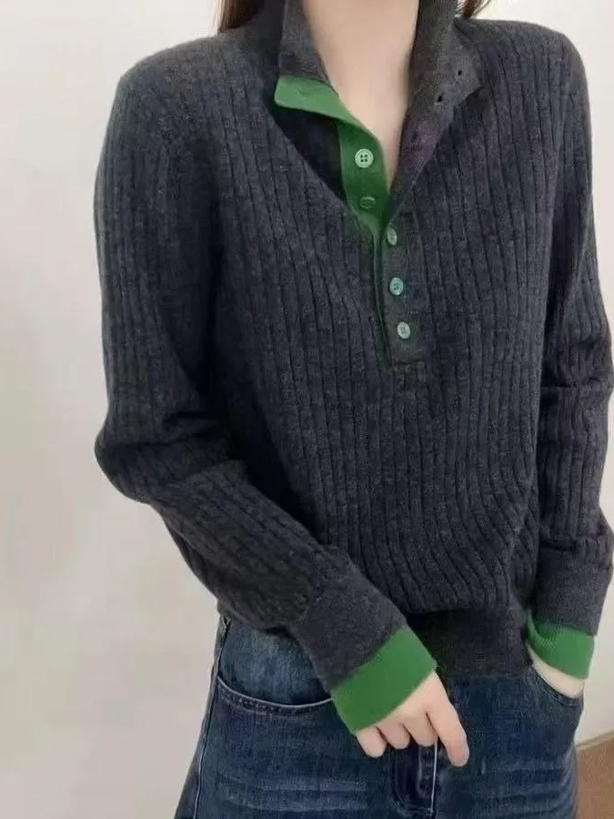 

Антивозрастной повседневный цветной полуоткрытый вязаный свитер с воротником-стойкой в вертикальную полоску, искусственный женский топ из двух предметов