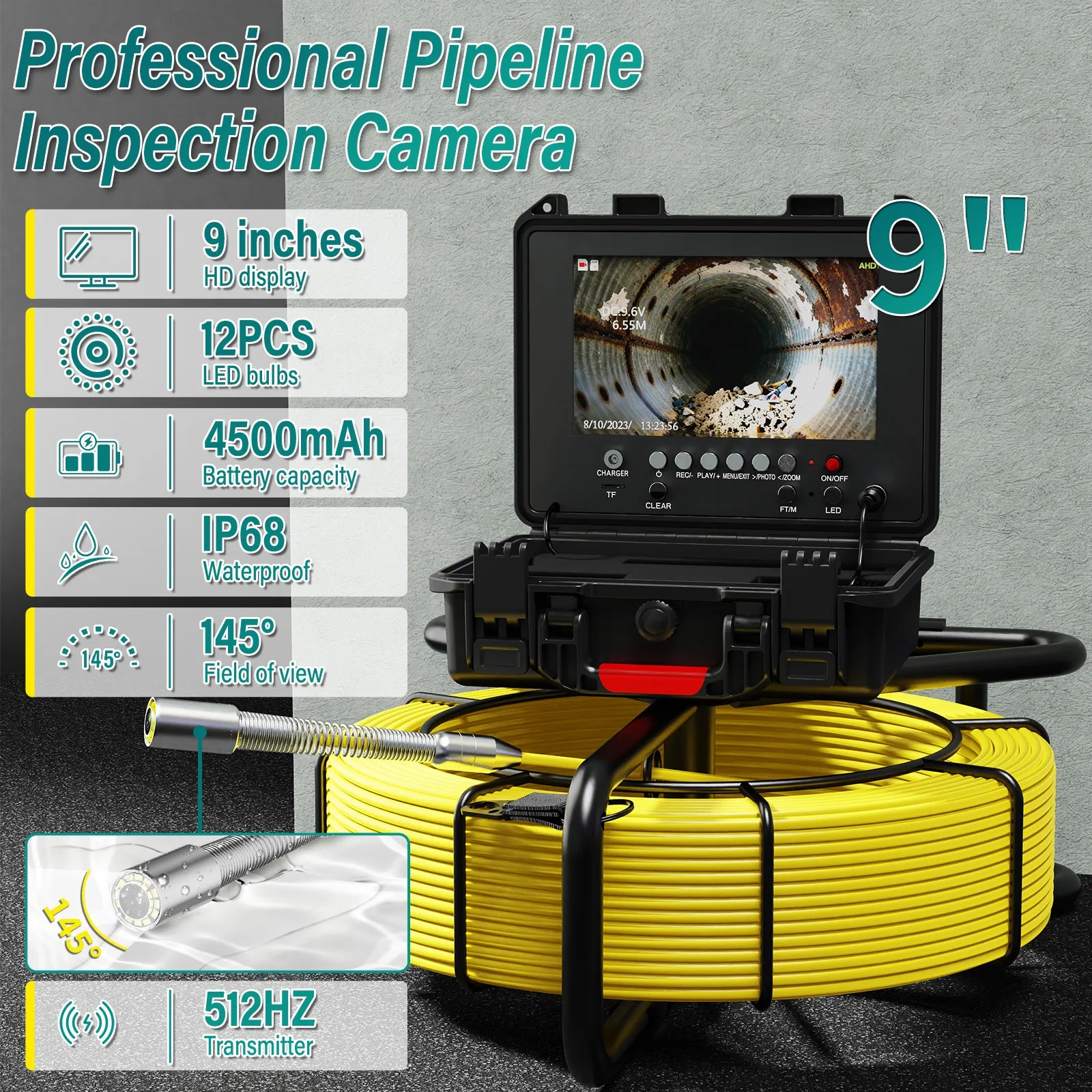 

HD endoscope camerar Waterproof IP68 Sewer Pipeline Video Industrial Endoscope 512HZ Self-leveling Meter Counter 9" DVR