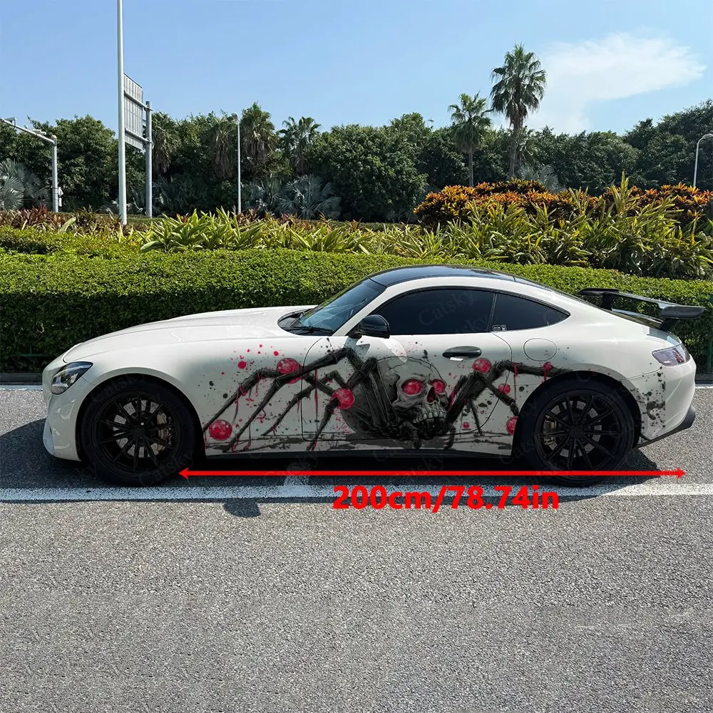 2pcs Red Bead Skull Spider Evil Car Side Wraps, Self-Adhesive PVC Waterproof & Scratch-Resistant Stickers, Car Accessory Gift