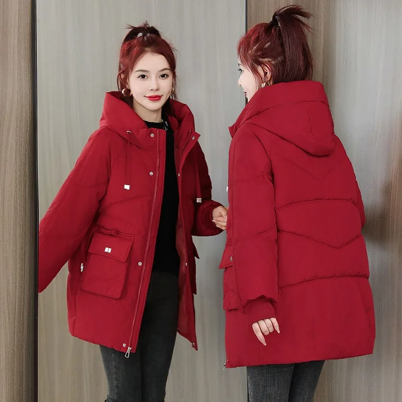 2023 New Women Down Cotton Coat Winter Jacket Mid Length Version Hooded Parkas Loose Thicken Outwear Korean Version Overcoat