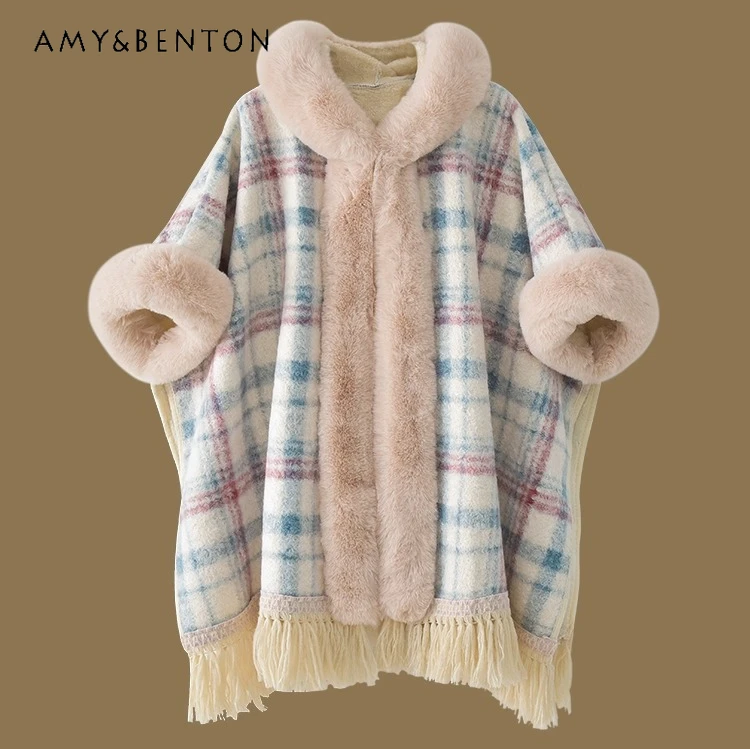 

Autumn Winter Women's Blue White Patchwork Woolen Tassel Cape Coat Fleece Lined Thickened Warm Pink Yellow Plaid Hooded Shawl