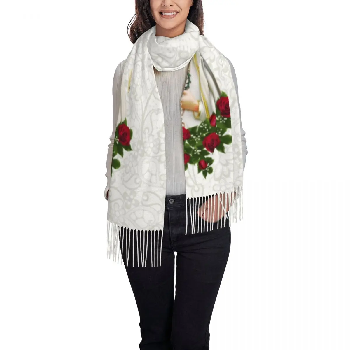 Custom Our Lady Of Fatima Virgin Mary Scarf Wrap Women Long Winter Fall Warm Tassel Shawl Portugal Rosary Catholic Scarves