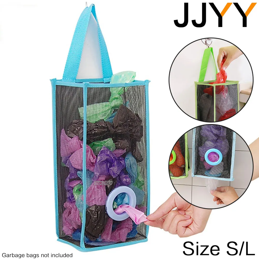 JJYY Grocery Bags Holder Organizer Trash Bag Hanging Storage Mesh Dispenser Kitchen Reusable Garbage Bag Wall Mount