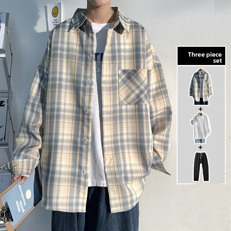 

Premium Feeling Long Sve irt Tee Piece Set Clean Cut Men's Plaid Pattern Trendy Brand Jaet Men's Clothing Ensemble