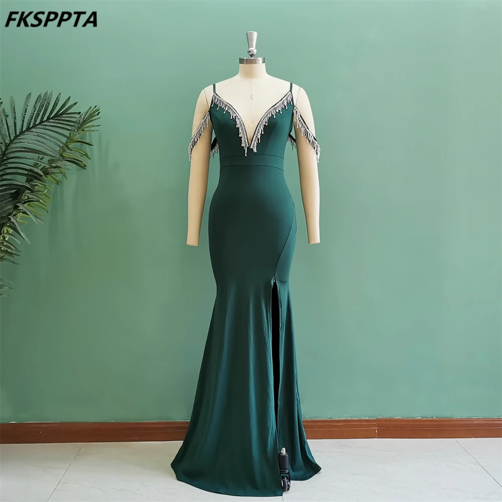 Green Long Elegant Mermaid Evening Dress 2024 Stunning Crystals Spaghetti Straps Backless Women Special Occasion Gowns In Stock