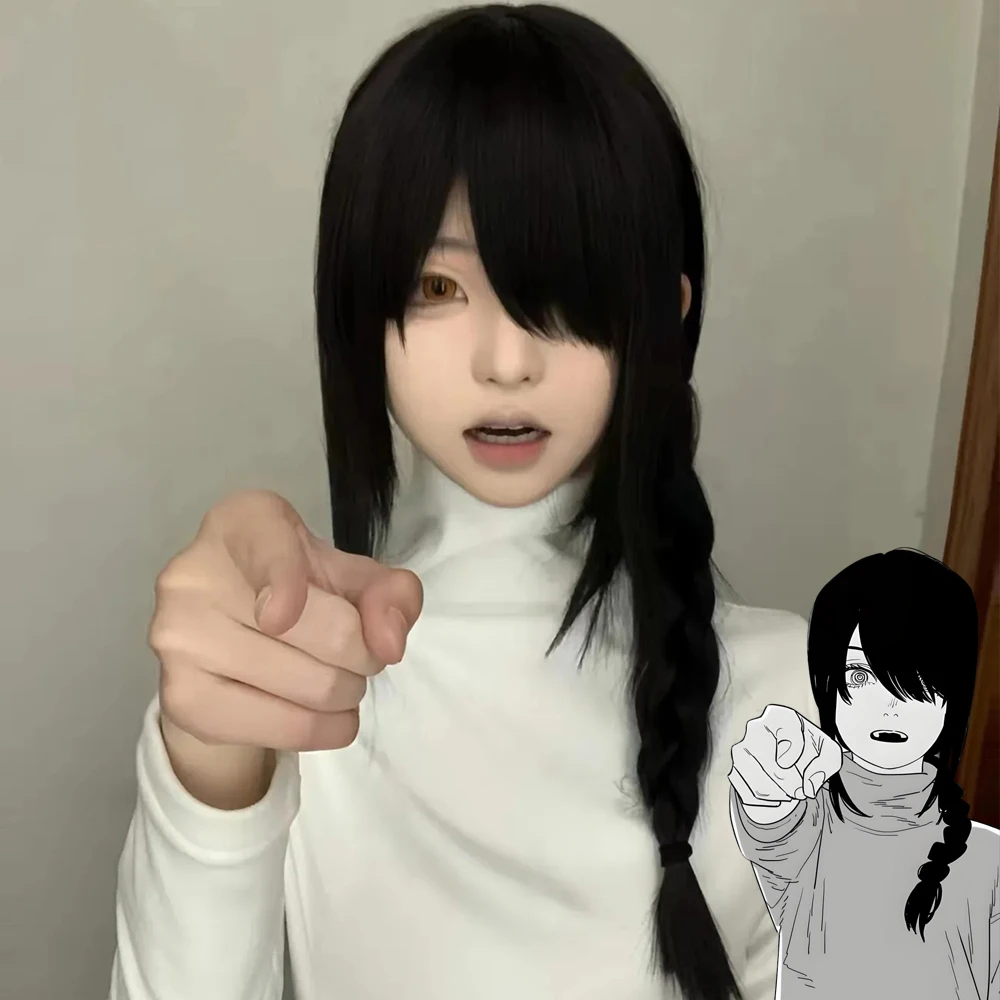Anime motosserra homem tayuta cosplay peruca feminina lolita preto cabelo longo resistente ao calor perucas sintéticas halloween carnaval prop