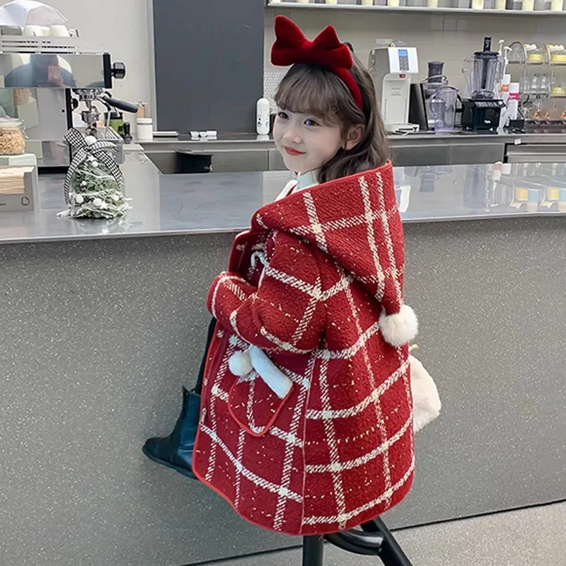 

New Girls Plus Fleece Cotton Coat Red BlackThickened Warm Jackets Kids Wool Clothing Baby Winter Hooded Strip Outerwear TR215
