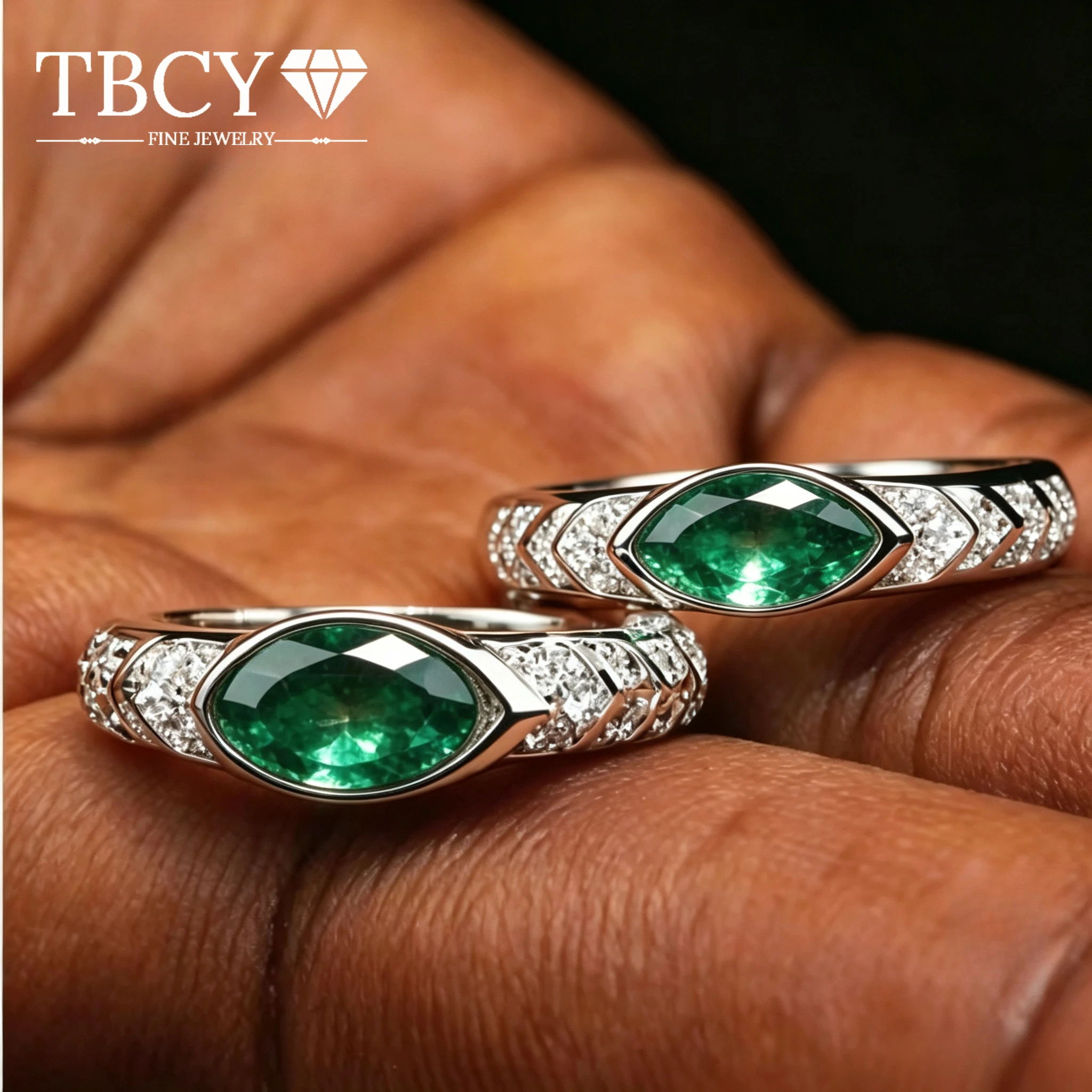 TBCYD 1CT Marquise Moissanite Ring S925 Silver Blue Green Eye of Horus Guardian Couple Unisex Jewelry for Men Women