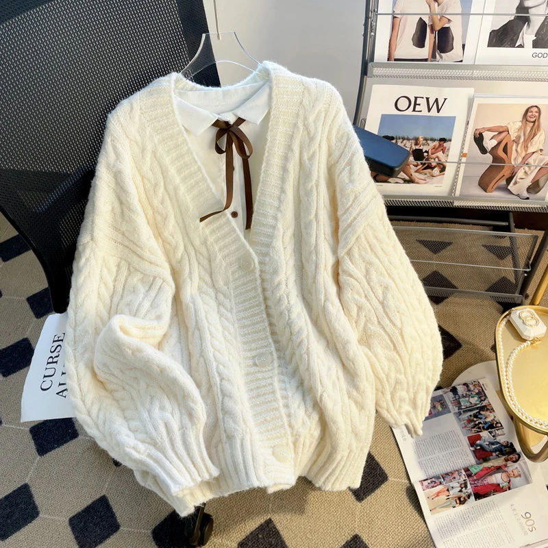 

Bomon Soft waxy twist sweater coat Women autumn and winter thickened 2024 new relaxed and lazy design sense of knitted cardigan