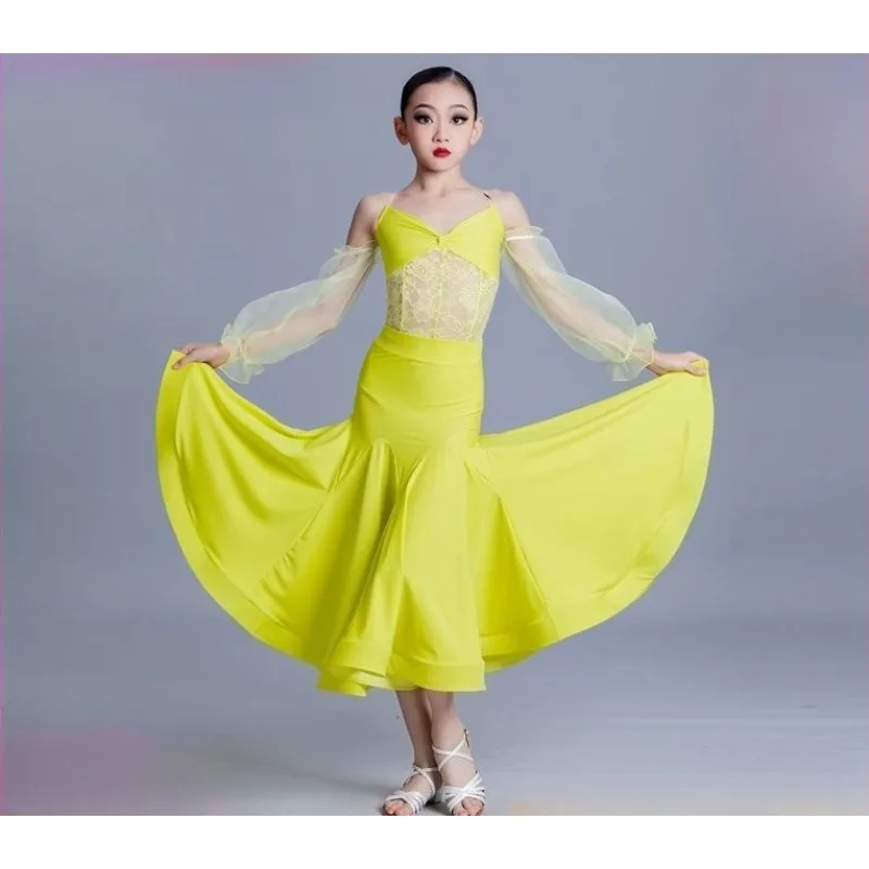 

Yellow Ballroom Dance Dress for Competition Girl Standard Waltz Dresses Tango Dancing Performance Costume Ballroom Skirts