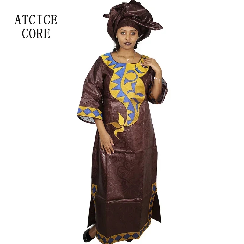 Afrikanischen Kleid Für Frau Bazin Riche Stickerei Lange Kleid Mit Schal 3/4 Hülse