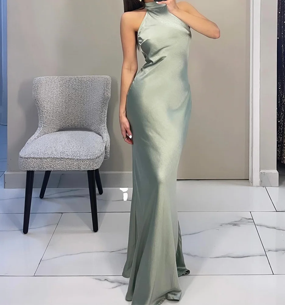 

Customized Fashion Satin Straight Evening Dresses Halter Sleeveless Open Back Panel Train Bespoke Occasion Gowns Temperament