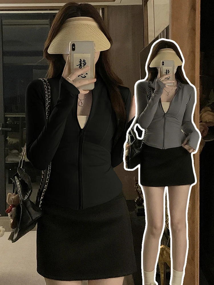 

Женская спортивная одежда для йоги с молнией, защита от солнца, быстросохнущая, с длинным рукавом, летние фитнес-топы, воротник-стойка, спортивная кофта