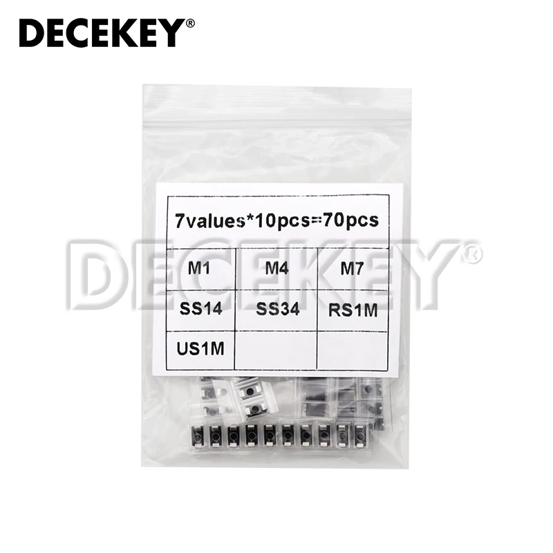 70pcs/lot SMA Diodes Kit 1N4007 M7 1N4001 M1 1N4004 M4 SS14 US1M RS1M SS34 7 Values*10pcs Electronics SMD Schottky Diode Set