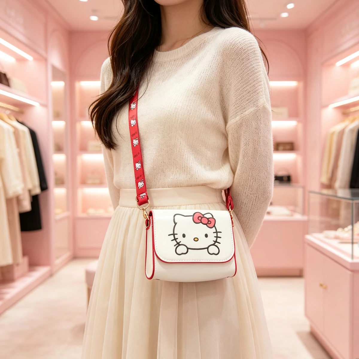 Hello Kitty Mini Crossbody Bag Cute Cartoon Shoulder Bag For Girls Small Purse Adjustable Strap Wallet Handbag Daily Gift