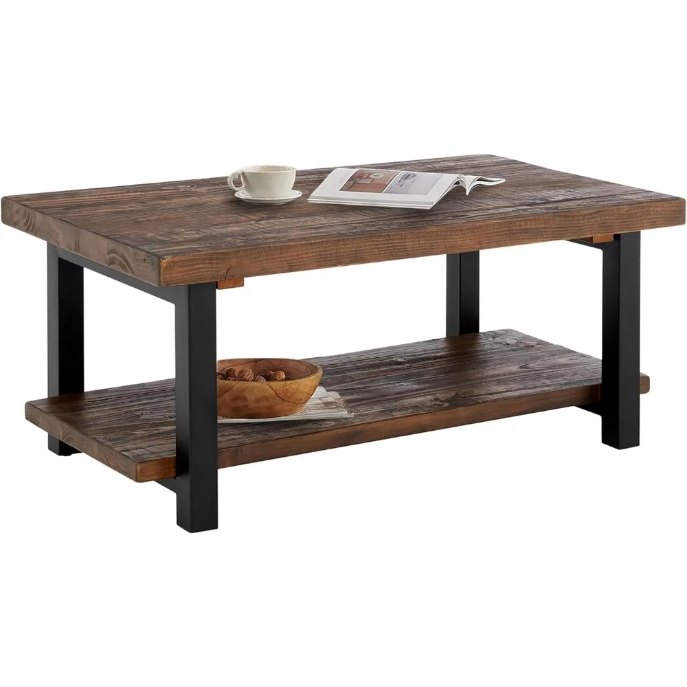 

Pomona Rustic Coffee Table with Storage Shelf-Easy Assembly Modern Industrial Solid Wood and Metal Legs Shelf-42-Inch Farmhouse