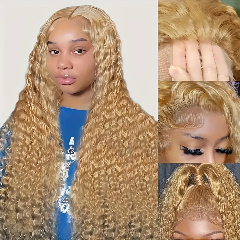 Deep Wave Honey Blonde Human Hair Wig #27 Curly HD Transparent Lace Front Wigs For Women Pre Plucked Wigs 200% Density 30 Inch image 3