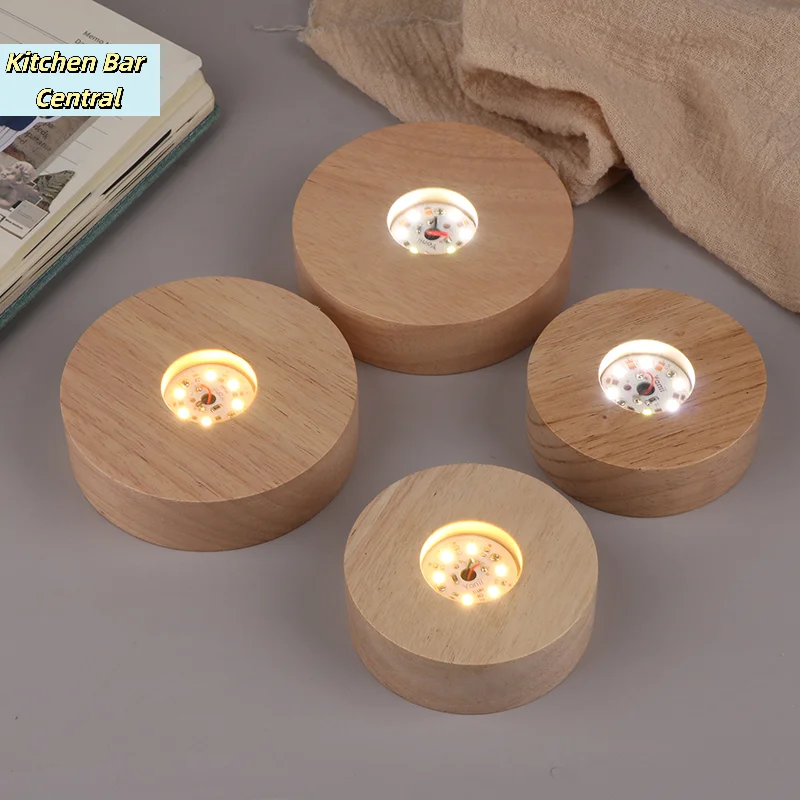 【Battery Operated Round Wooden LED Light Display Base Stand Holder Table Night Lamp Base Crystal Glass Art Ornaments】