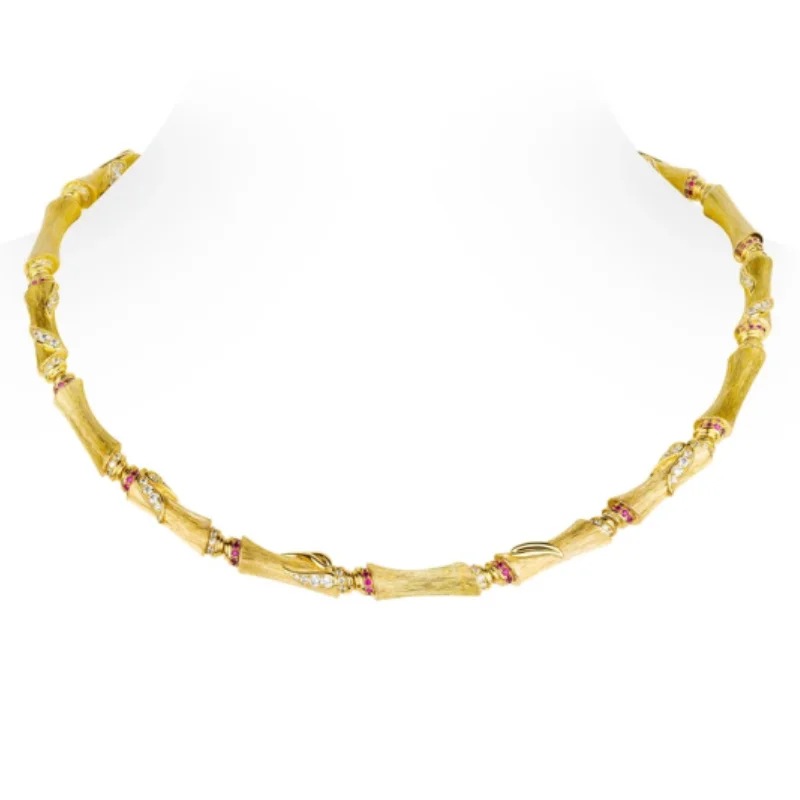 Bellux Vintage Italian Gold Bamboo Necklace Pink White Zircon 925 Silver Necklace Statement Collar Necklace Party Jewelry