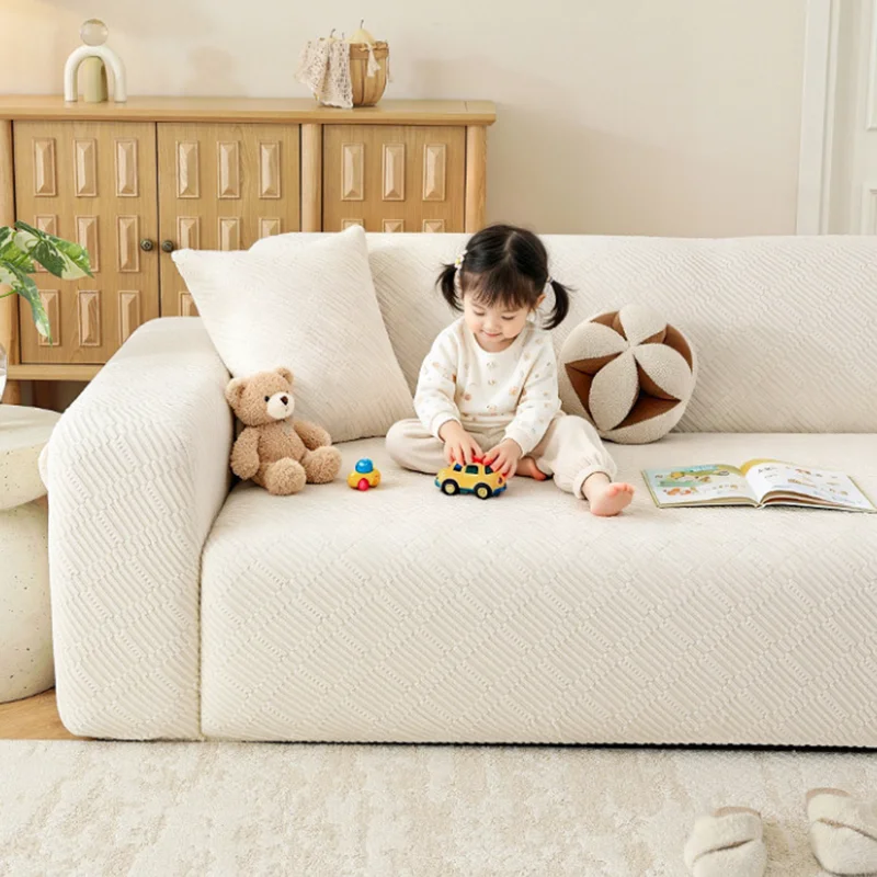 French Polar Fleece Jacquard Sofa Cover Soft Non-Slip Elastic Couch Covers for Living Room Plush Dust-Proof Furniture Protector