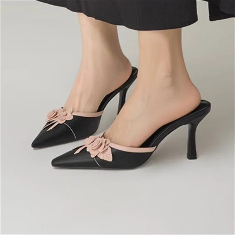 Flowers Decoration Shoes for Lady Pointed Toe Female Mules High Heels Mixed Color Tacones Women Pumps Sewing Line Chassure Femme