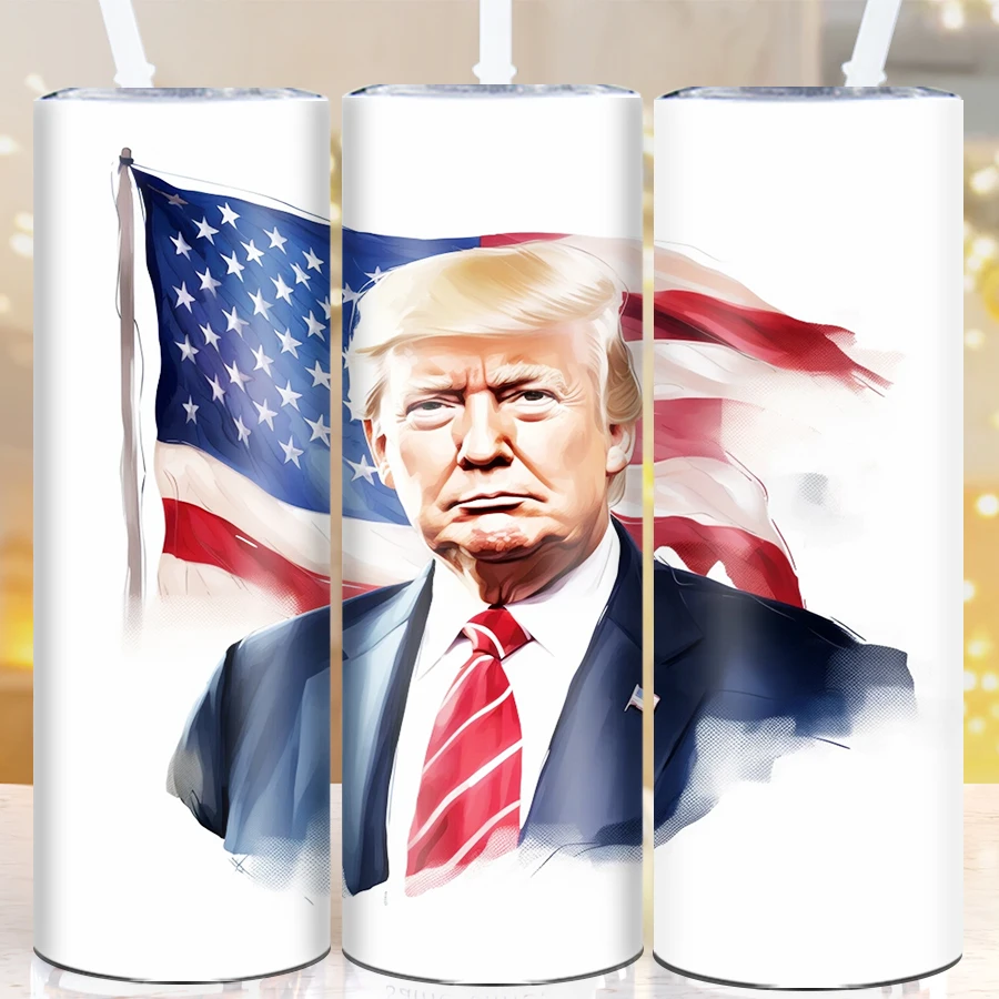 3D Print Trump Fight For USA Straight Cups Straw Lid 1Pc Stainless Steel Outdoor Party Travel Hot Cold Insulated Water Bottle