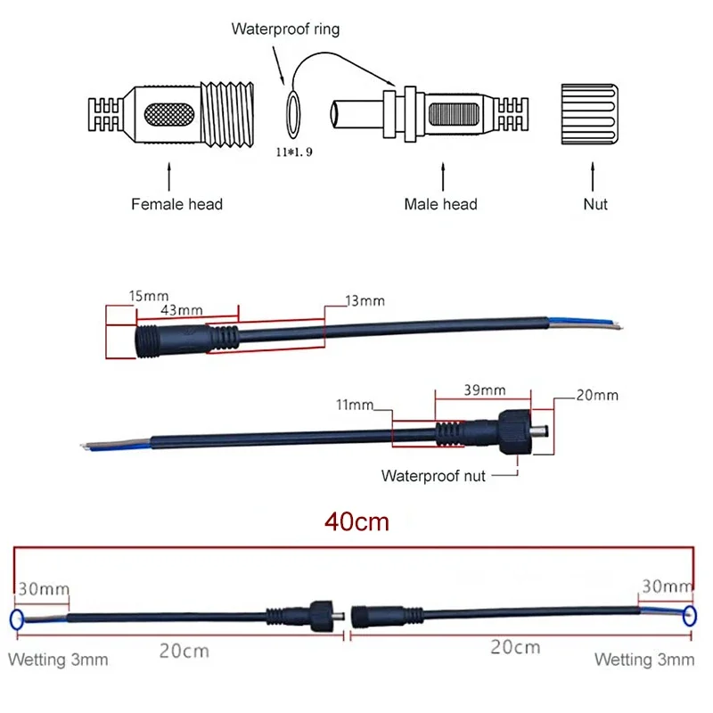 IP67 12V DC Power Plug 3A 5A 8A 2Pin Waterproof Wire Connector Male Female Terminal Butt Joint Monitoring Line Extension Cable