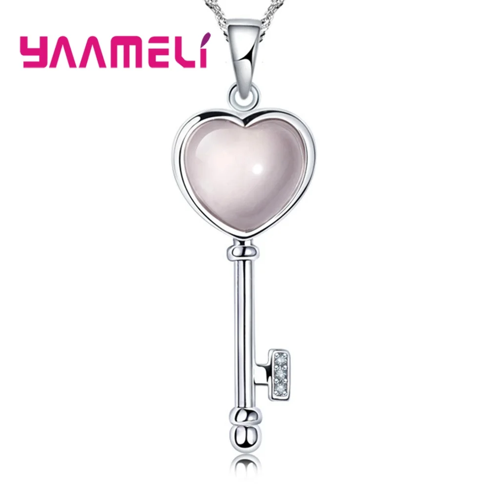 

Lovely Heart Key Shaped Women Pendant Necklace Pure 925 Sterling Silver Glass Azure Stone Jewelry for Beloved Girlfriend Wife
