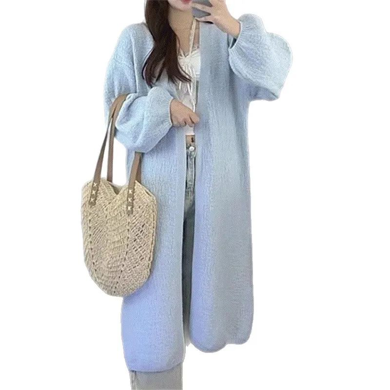 Women Knitted Cardigan Sweaters Mid Length Solid Jumpers Round Collar Puff Sleeves Loose Open Stitch Casual 2025 Autumn Winter