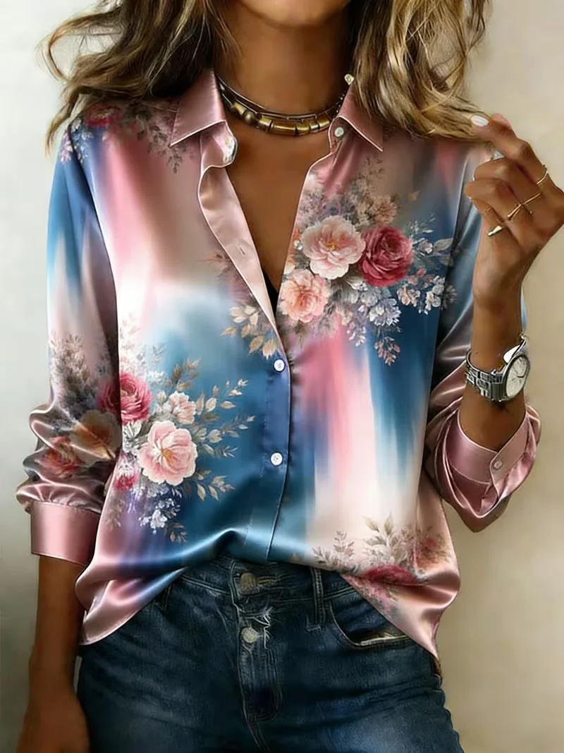 New Champagne Gold Black Flower Long Sleeve Shirt Light Luxury Elegant Women's Commuter Versatile Shirt