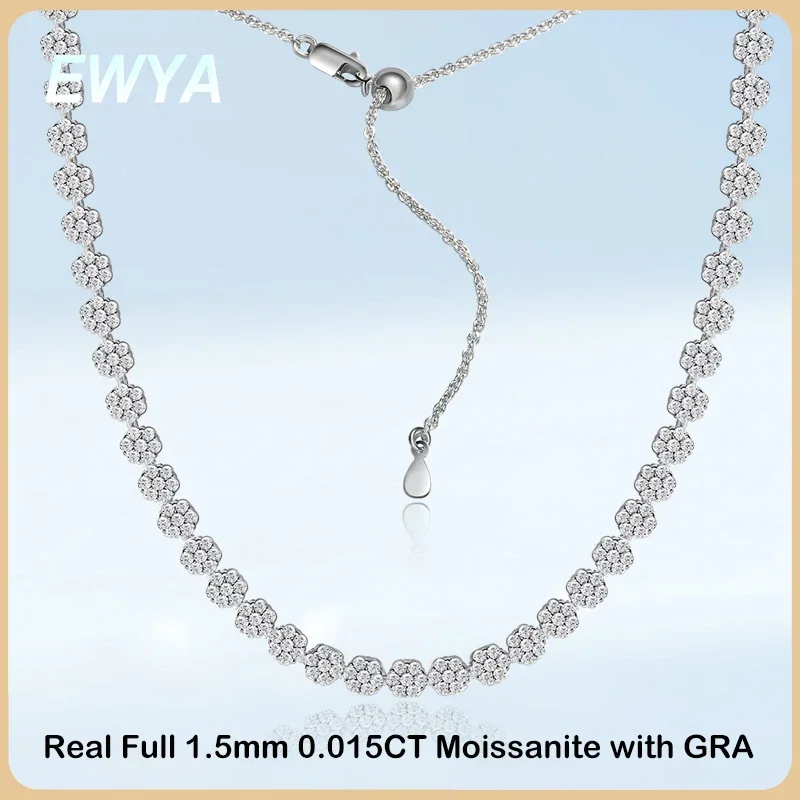 EWYA Flower Full 1.5mm 6.4cttw D Color Moissanite Diamond Tennis Necklace for Women 925 Silver GRA Certified Bridal Fine Jewelry