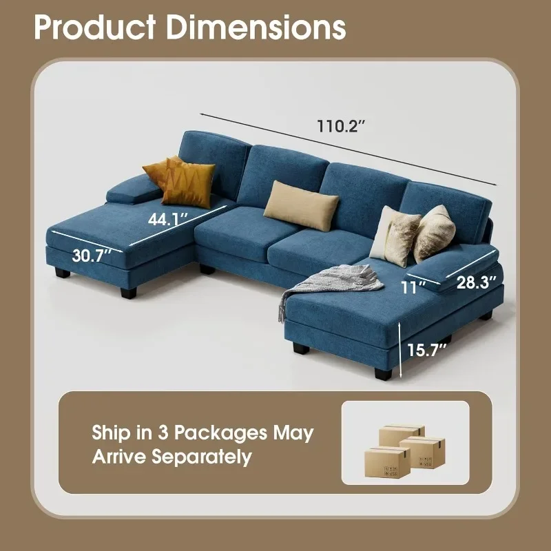 Furmax Sectional Couches for Living Room, U-Shaped Sofa Couch with Linen Fabric, 4 Seat Sofa Set with Double Chaise