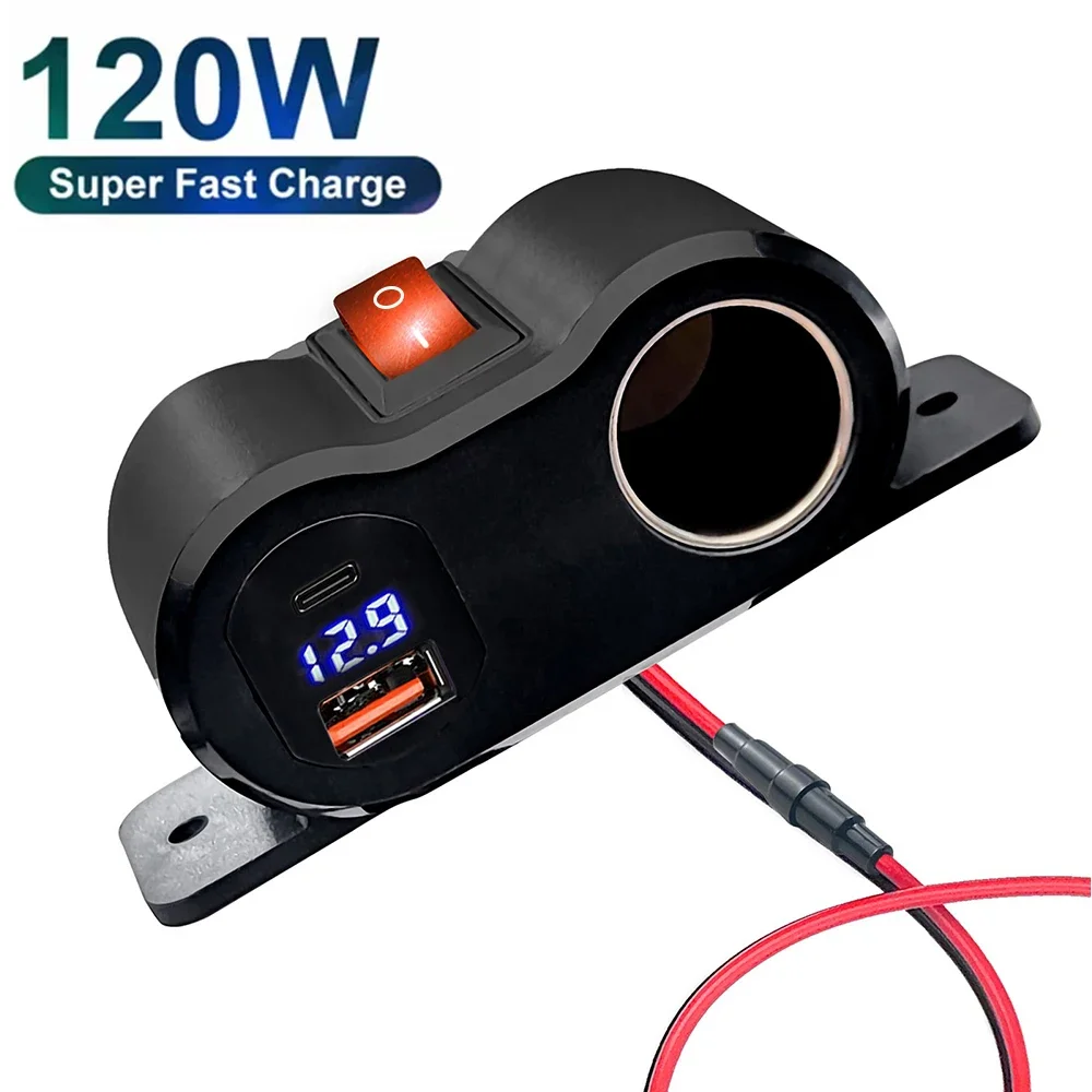 QC3.0 & PD3.0 USB Outlet Cigarette Lighter Socket Splitter with Voltmeter Car Charger Power Adapter for Car Marine Truck 12V-24V