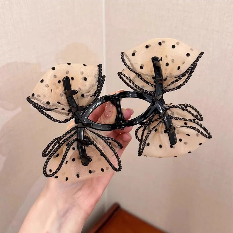 Elegant Rhinestones Chiffon Dot Bow Hair Claw For Women Girls Sweet Hair Ornament Hair Clips Hairpin Fashion Hair Accessories