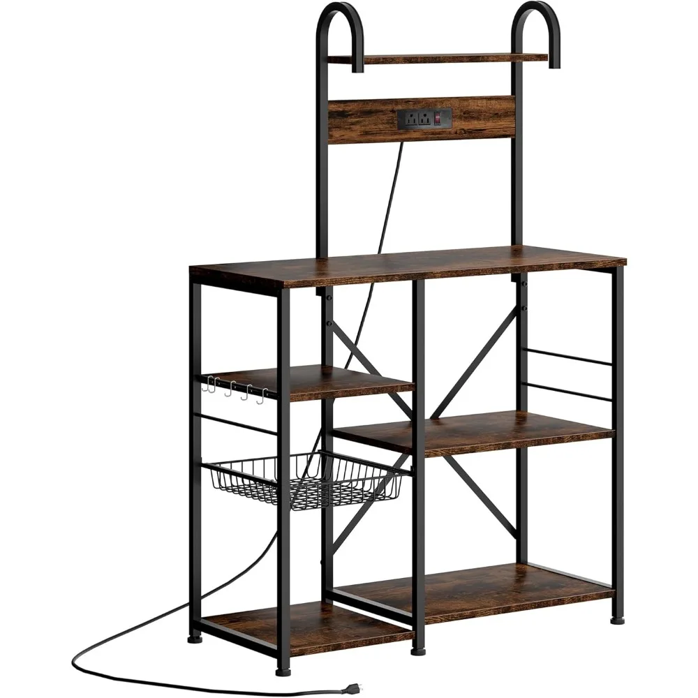 

Кухонная тумба-стеллаж с розеткой, столик для кофе-бара и подставка для микроволновой печи, полка для хранения с проволочной корзиной