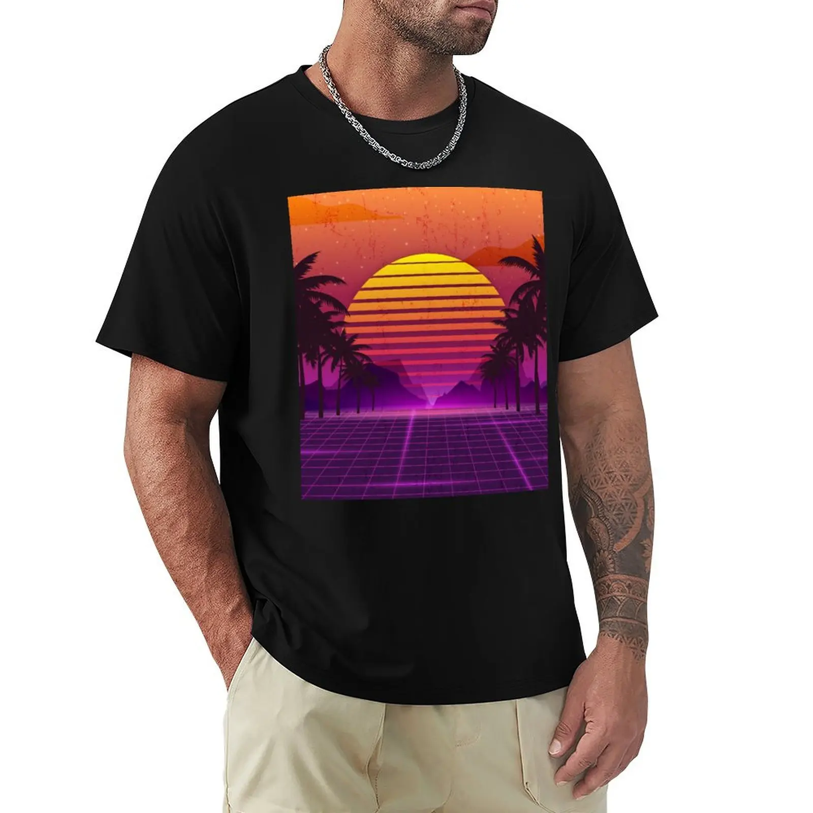 

80's Palm Trees Sunset Vaporwave T-Shirt Big and Tall Casual T-Shirt