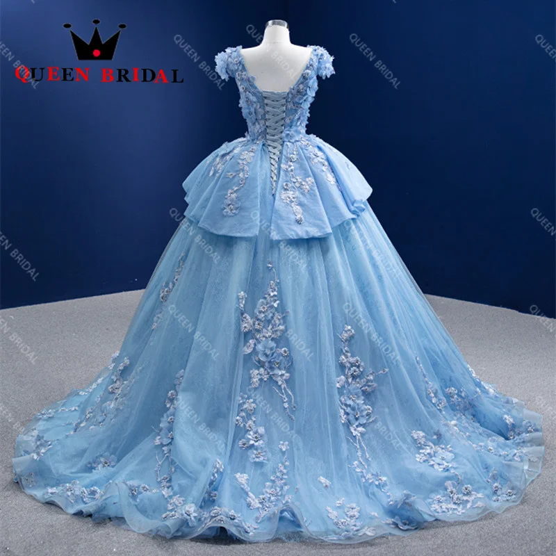 Blue Appliques Flowers Pleat Evening Dress 2023 New V Neck Lace Up Formal Elegant Ball Gowns Robes De Soirée Custom ZX43