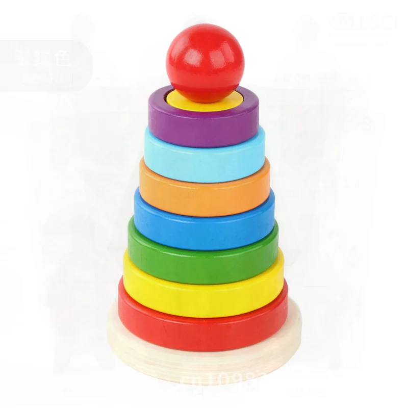 Edukacyjna drewniana wieża tęczowa Jenga - zabawka do dopasowywania kształtów i nauki kolorów dla dzieci w wieku 3-6 lat, warstwowy design w kształcie koła dla