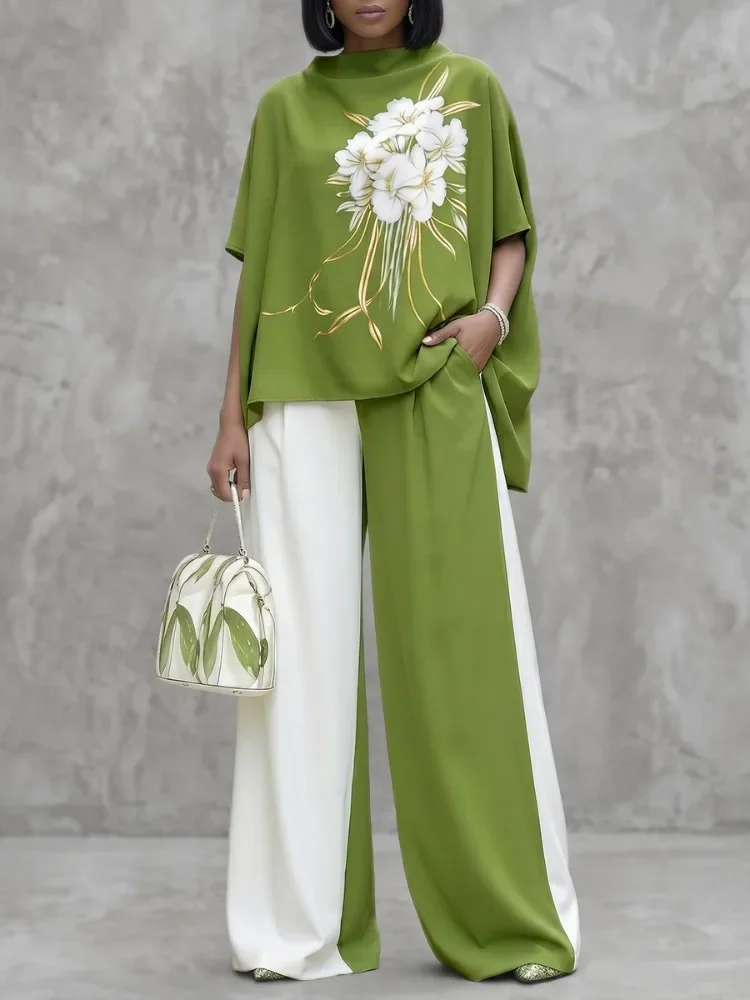 UOOZEE Women's Trendy White Green Contrast Color Wide Leg Matching Pants 2026 New Elastic Waist Casual Palazzo Trousers Bottoms view 3