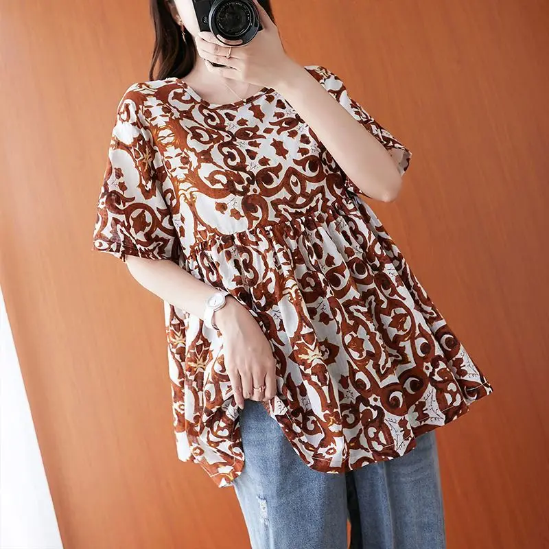 Vintage Paisley Print Ruffles Spliced Blouse Woman 2023 Summer Fashion Casual O-Neck Short Sleeve Loose Oversized Pullover Shirt